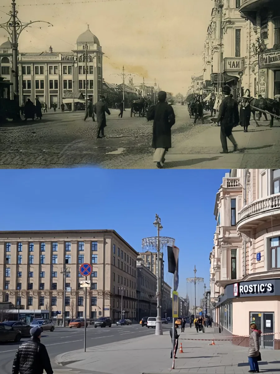 📍Триумфальная площадь. 

1914/2024 год.

💡На дальнем плане стоит красивое здание с двумя большими 