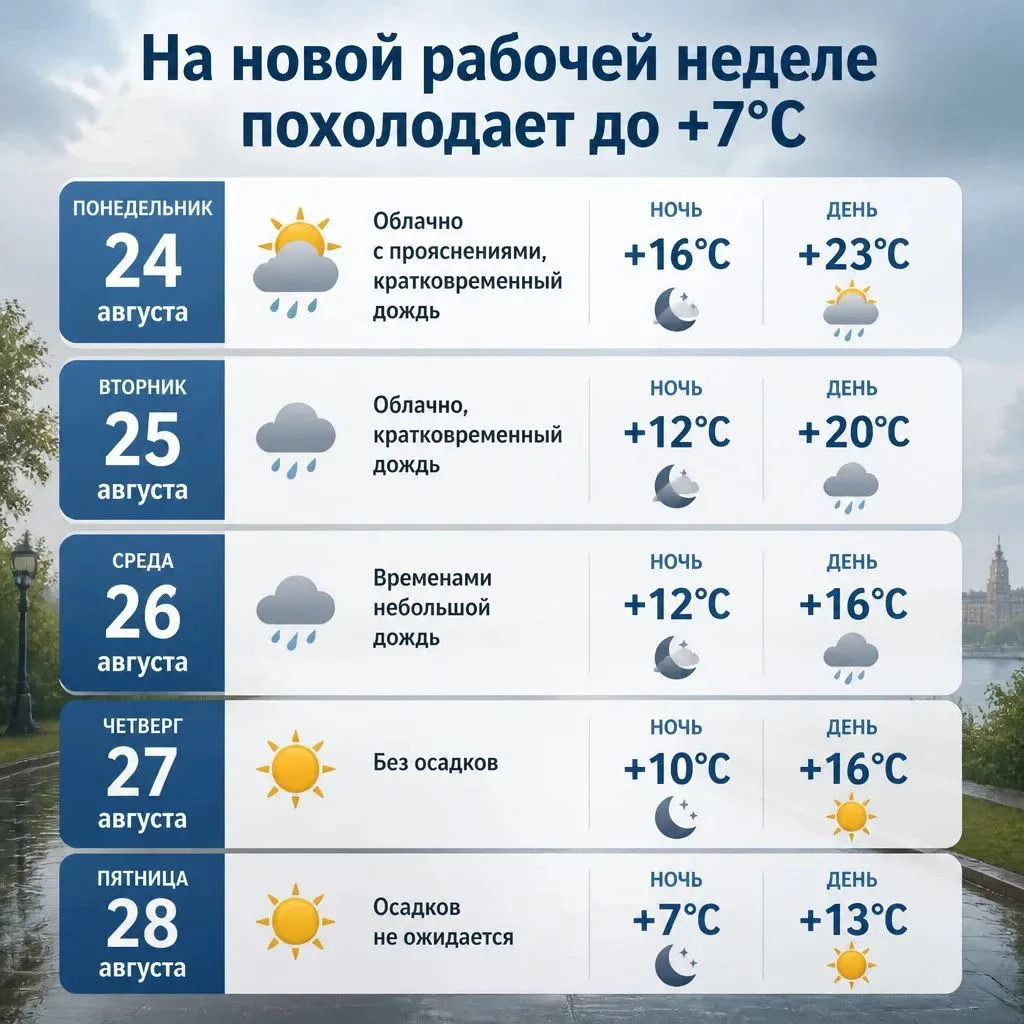 🌦️ На новой рабочей неделе похолодает до +7°C