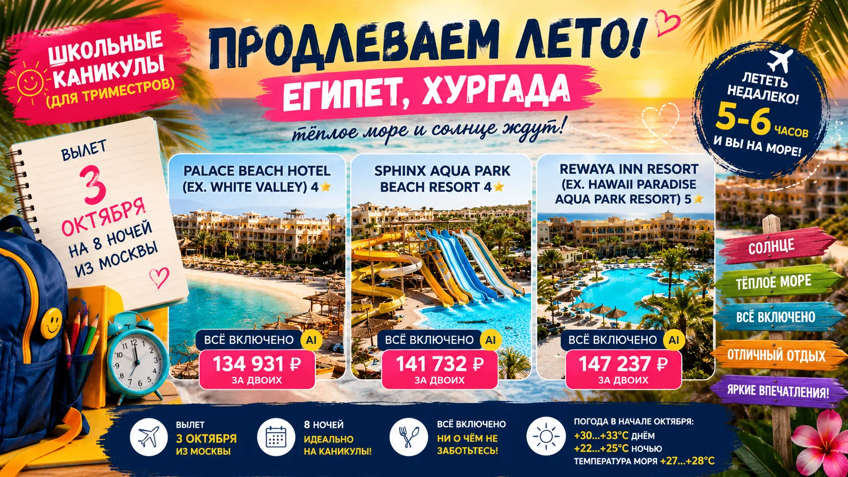 ☀️ Продлеваем лето: Египет из Москвы на школьные каникулы