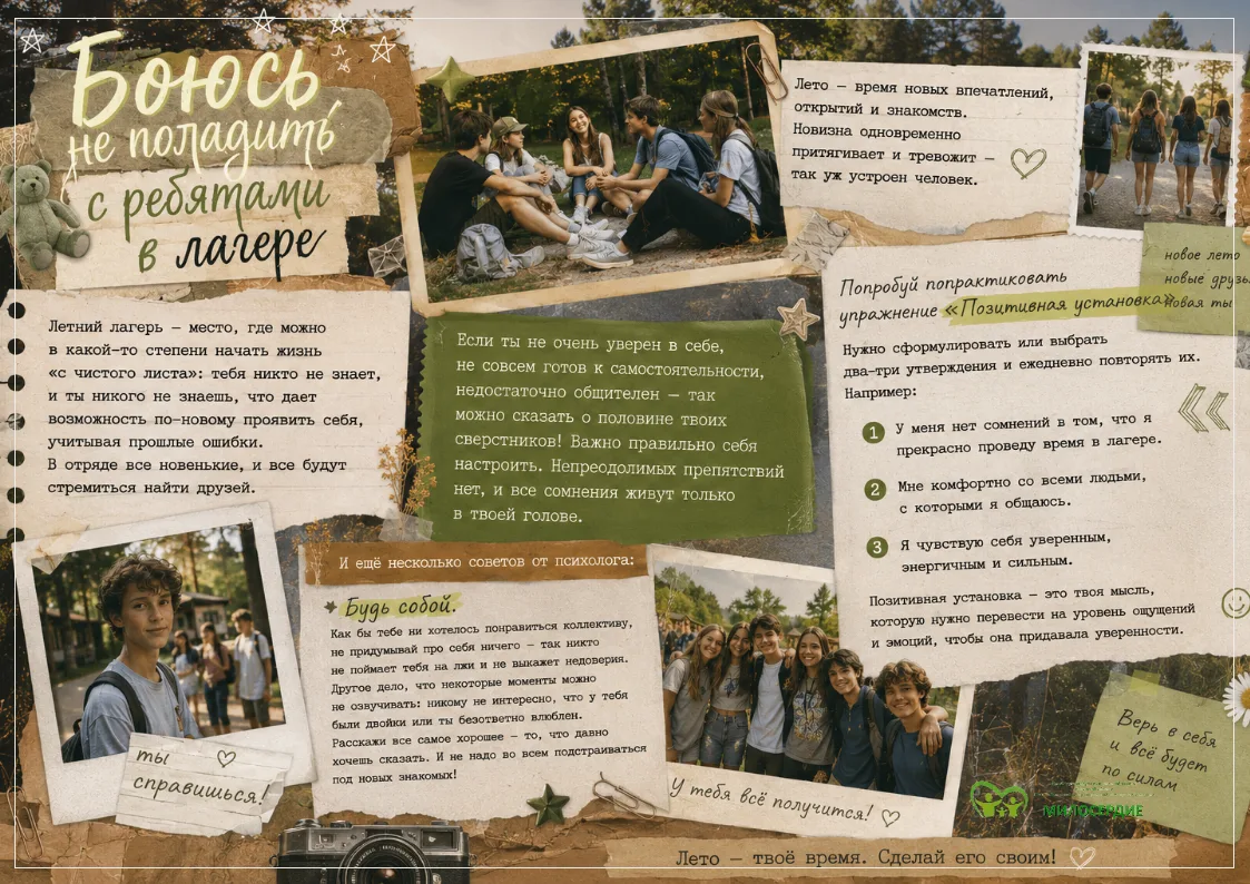 ✅ Боюсь не поладить с ребятами в лагере.
Лето — время новых впечатлений, открытий и знакомств. Новиз