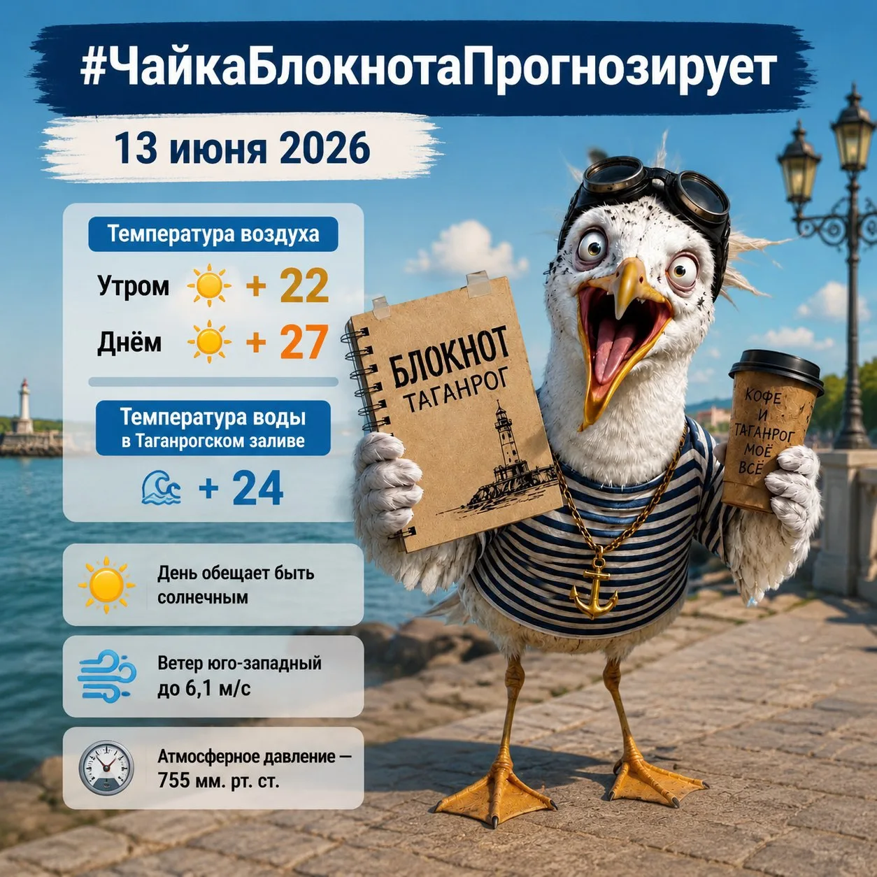#ЧайкаБлокнотаПрогнозирует, что сегодня день будет солнечным 

🌡️ Температура утром + 22, а днём пр