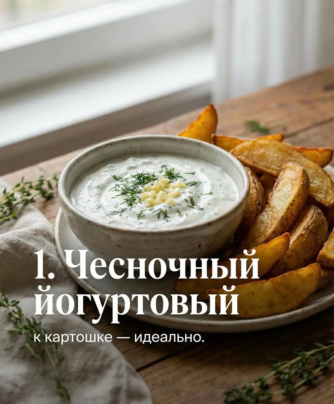Чесночный йогуртовый 4 ст. л. густого йогурта 1 зубчик чеснока соль перец немного укропа Смешай всё 