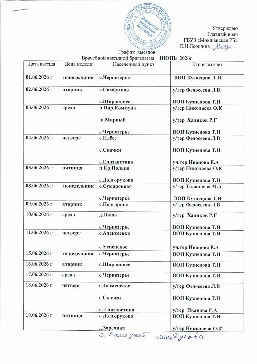 🚑Мокшанская районная больница знакомит население с расписанием выездов наших мобильных...