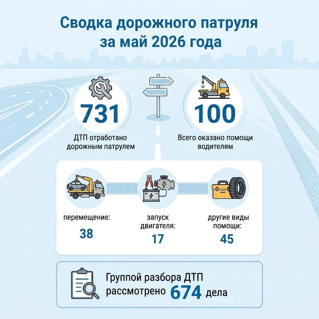 Специалисты службы «Дорожный патруль» отработали 731 ДТП в мае  

🔎 Помощь водителям оказана в 100 