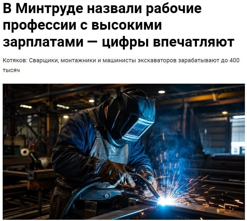 Опытные сварщики в России могут зарабатывать до 400 тысяч рублей в месяц, заявил глава ...