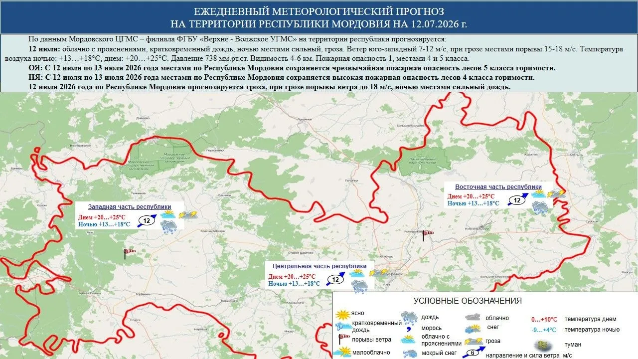 ☁️⛅⛈️ 12 июля в Мордовии облачно с прояснениями, кратковременный дождь, ночью местами с...