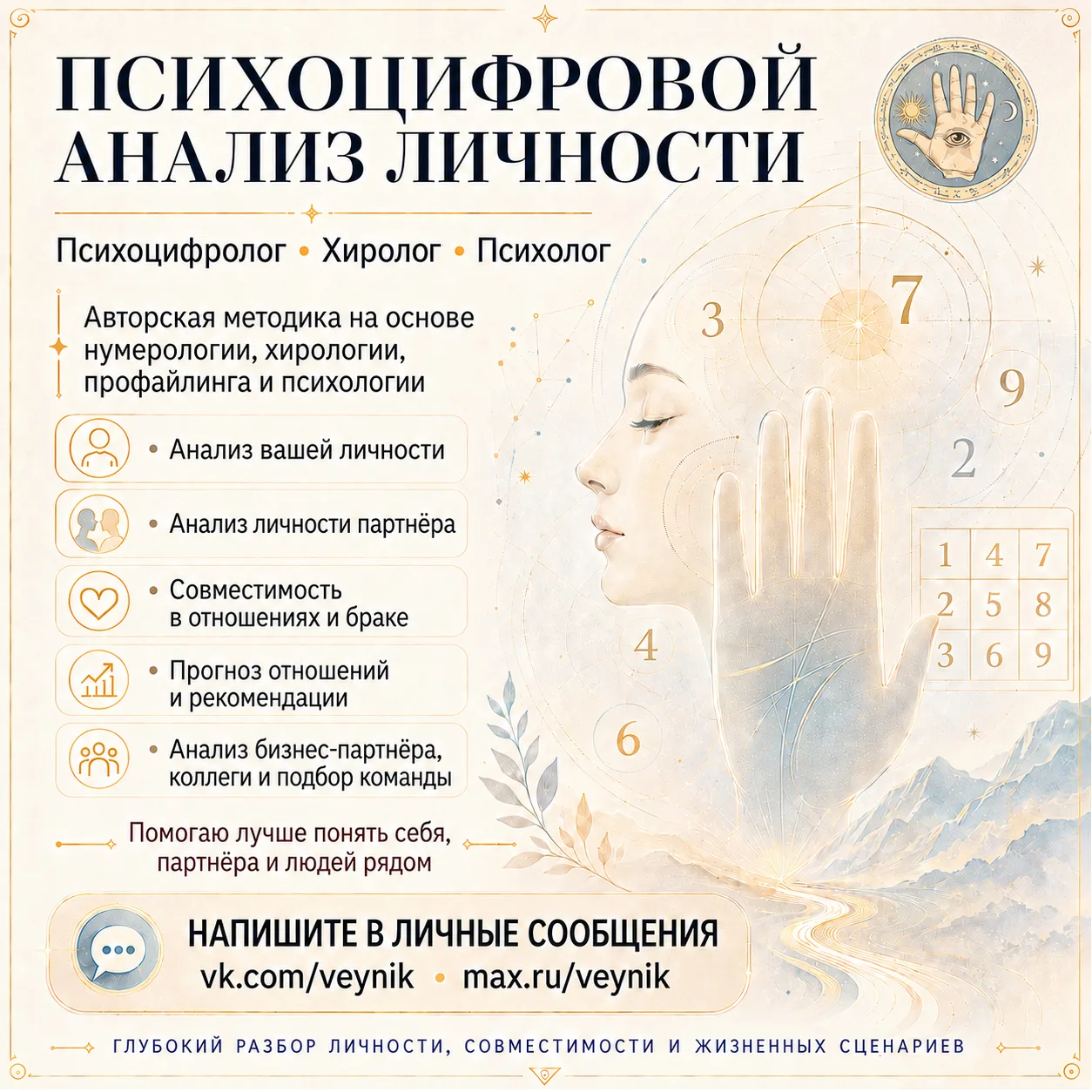 Психоцифровой анализ личности - помогу лучше понять себя, партнёра и людей, которые рядом!
🖐 Меня з