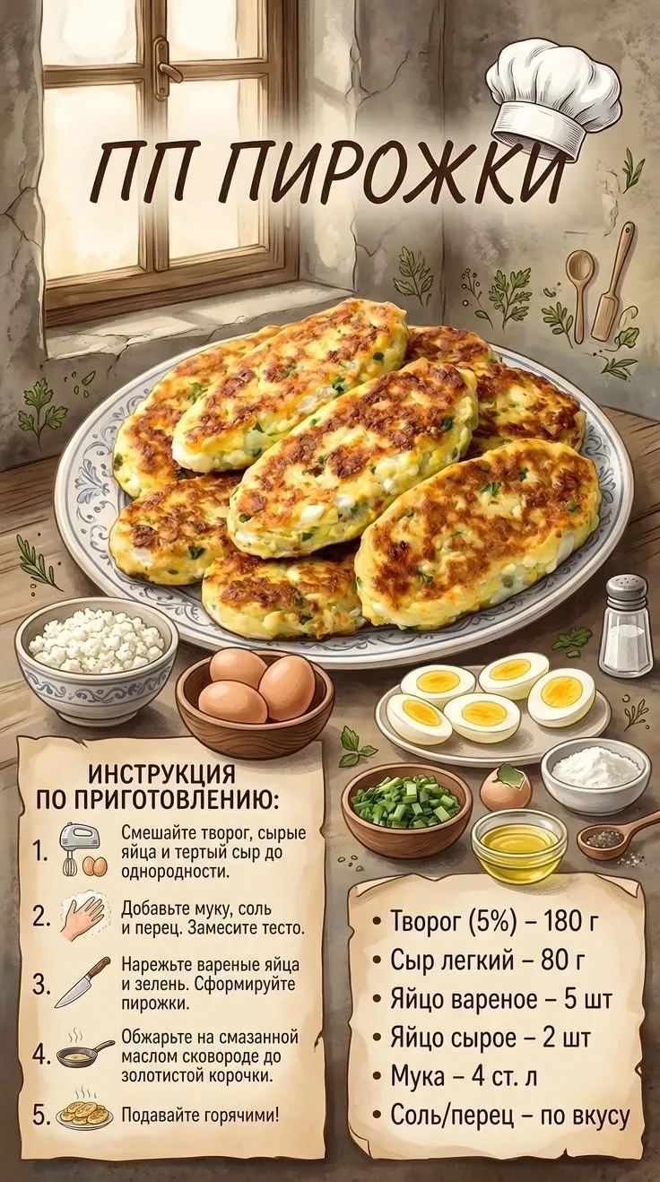 ПП-пирожки с творогом, сыром и яйцом на сковороде 🥟