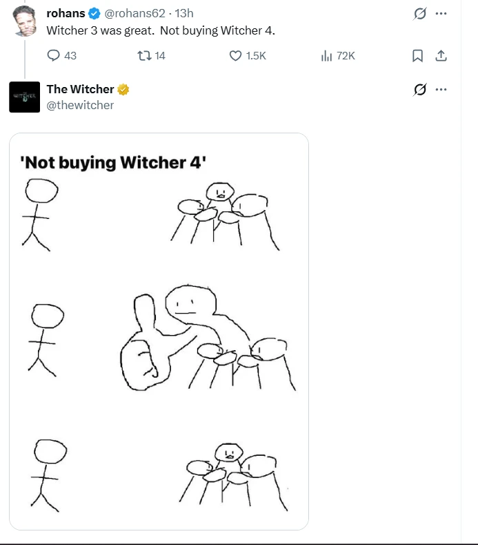 CD Projekt RED ответили хейтеру The Witcher 4 мемом, вызвав неоднозначную реакцию