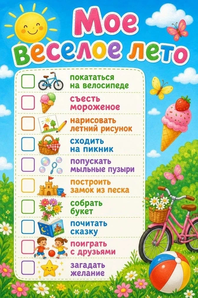 ☀️ Летний чек-лист для наших воспитанников!

Сохраняйте и выполняйте вместе с детьми весёлые летние 