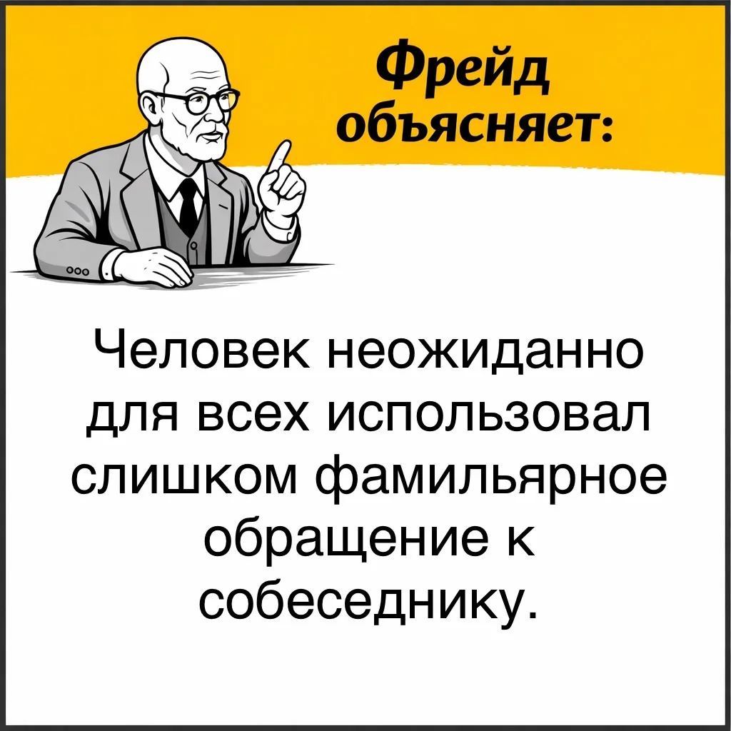 Фрейд описывает такой случай: человек использовал слишком фамильярное обращение к собеседнику, хотя 
