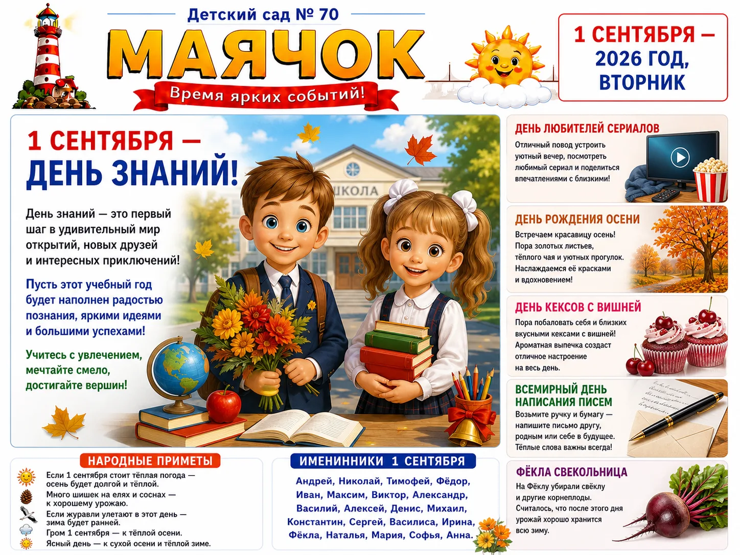 Доброе утро! ☀️ Сегодня вторник, 1 сентября 2026 года. Поздравляем всех с Днем знаний! ...