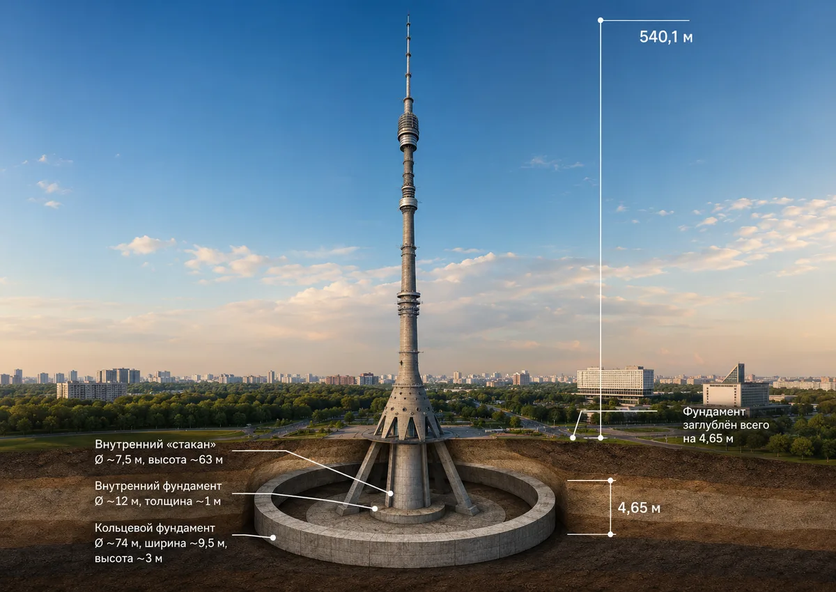 Останкинская башня выше 500 метров. А её фундамент уходит в землю всего на 4,6 метра
