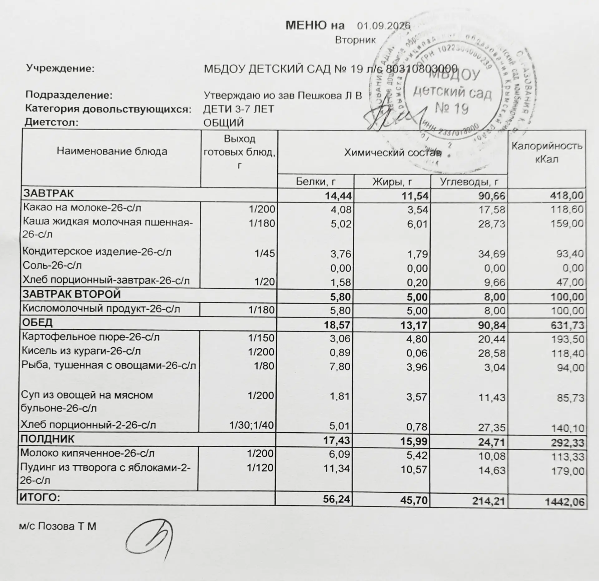 Меню на 1сентября 2026г.🍲🥛