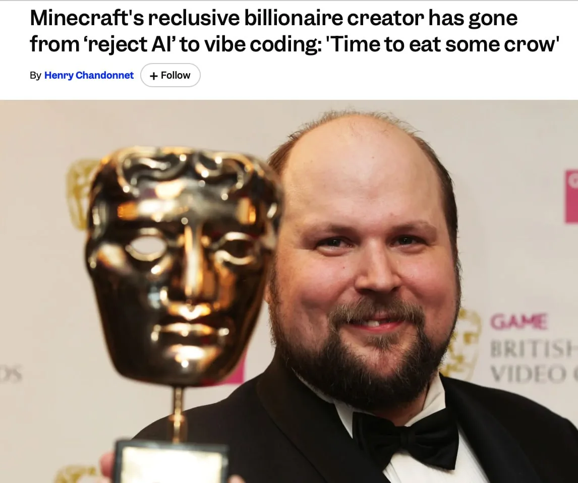 Наши ряды редеют, милорд: создатель Minecraft, который всё это время хейтил вайбкодинг,...