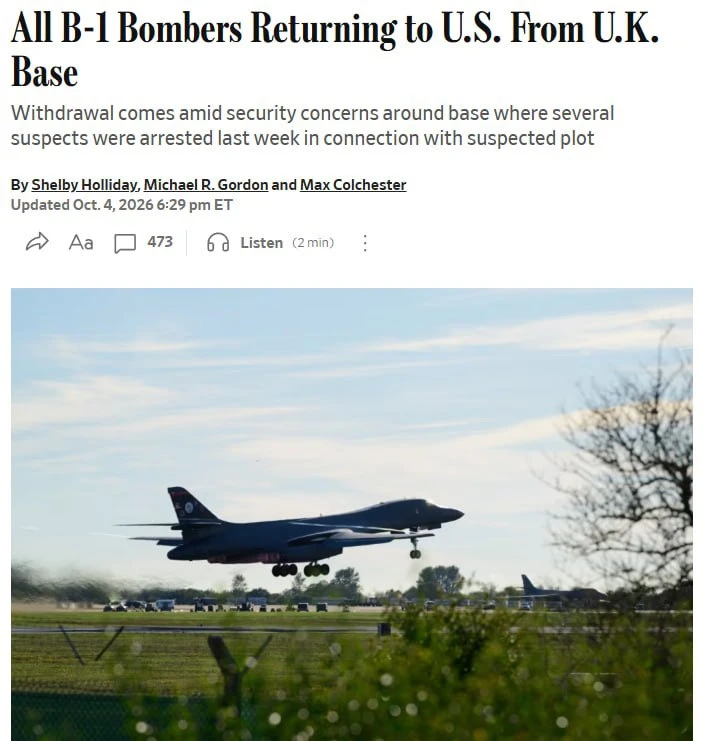 США вывели все бомбардировщики B-1 с британской авиабазы Фэрфорд из-за угрозы атаки Ира...