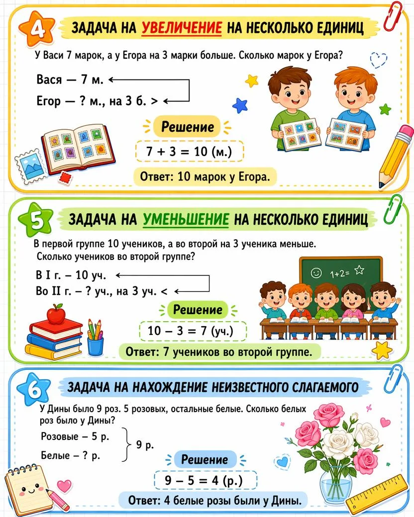 📚 Текстовые задачи для 1–2 класса

Яркие и понятные карточки с задачами на сложение и вычитание — о