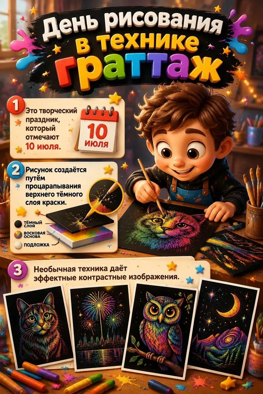 ❗️Внимание!
 Сегодня день рисования в технике — Граттаж.
Что же это такое?

Это способ создания рису