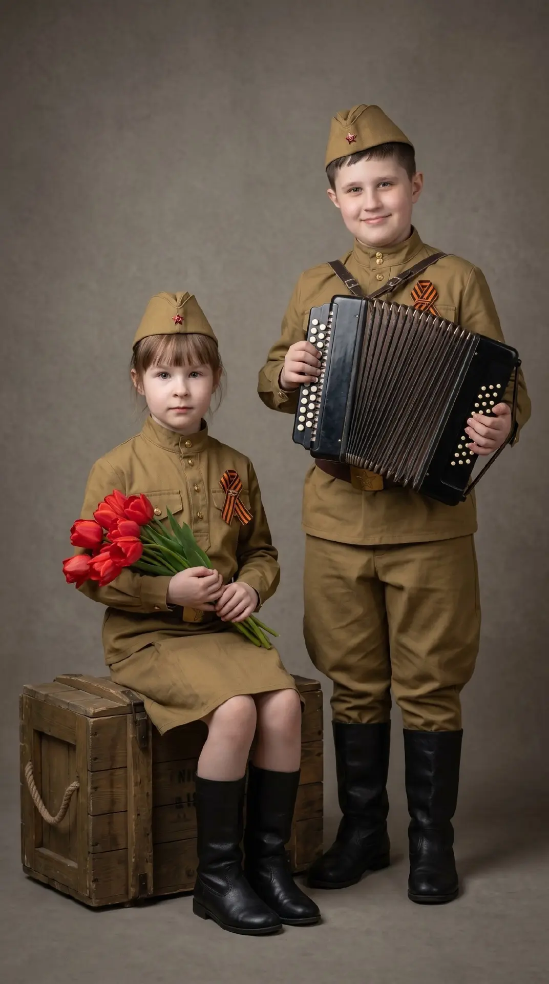 Ультрареалистичная студийная фотография двух детей в винтажной военной форме времён Вто...