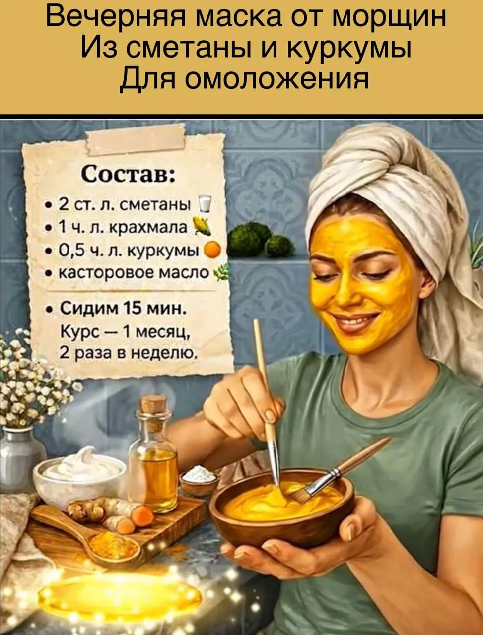 ✨ Вечерняя маска для сияния и мягкости кожи

Состав:
• 2 ст. л. сметаны
• 1 ч. л. крахмала
• ½ ч. л.