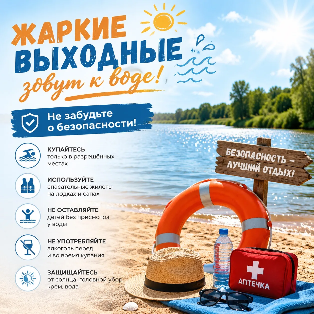 Жаркие выходные зовут к воде! ☀️🌊 
Не забудьте о безопасности!

Лето в самом разгаре, и впереди нас