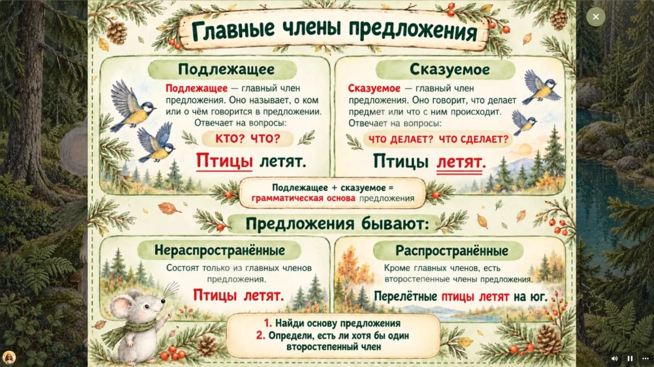 Главные члены. Распространённые и нераспространённые предложения