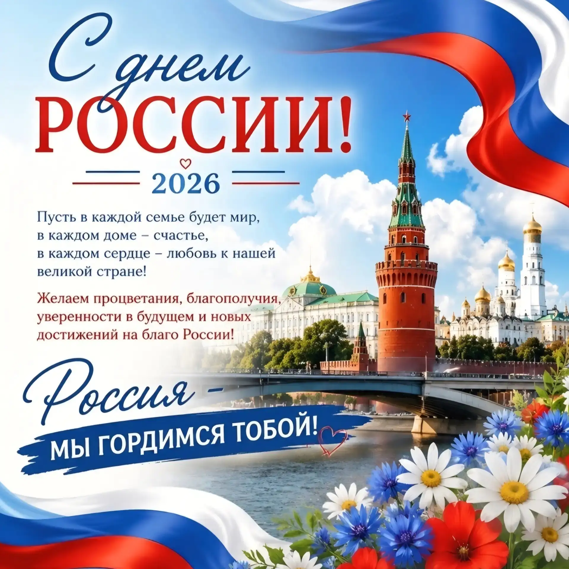 С Днём России!
Пусть в каждом доме будут мир, согласие, детский смех и уверенность в завтрашнем дне.