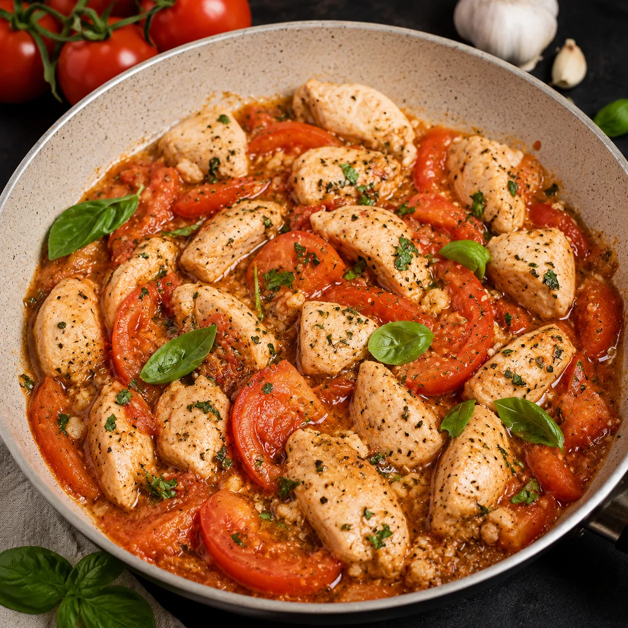 🍅 Ужин на 250 ккал: куриная грудка с томатами и чесноком