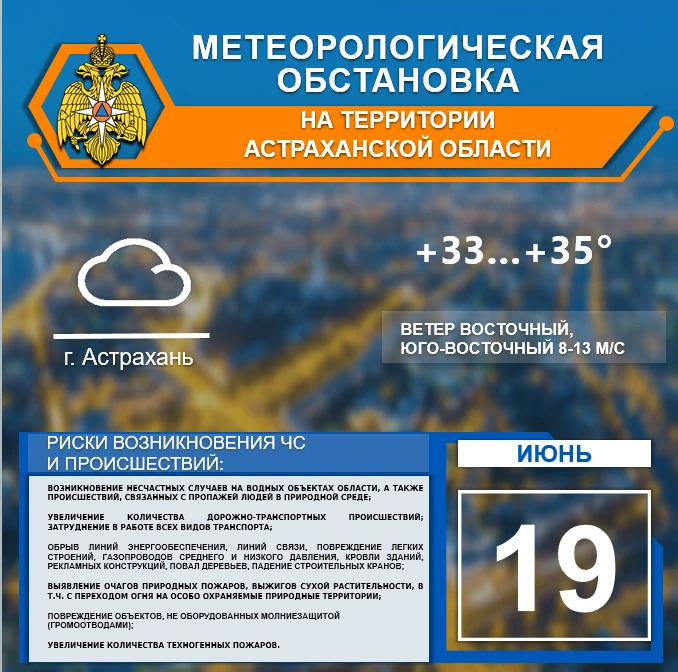 🌎 Метеорологическая обстановка на 19 июня
 
⛈️На территории Астраханской области переменная облачно