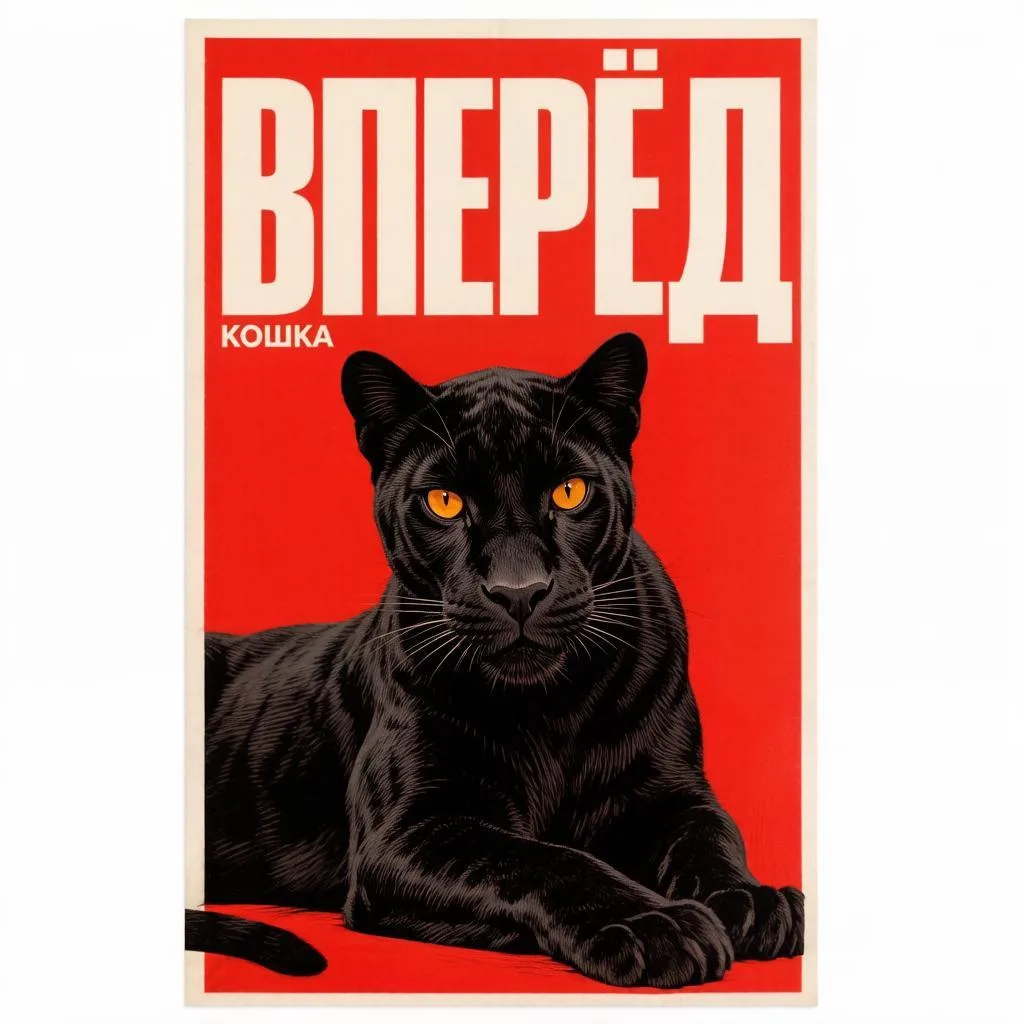Картинка в винтажном стиле: на красном фоне изображена чёрная пантера, сидящая с серьёз...
