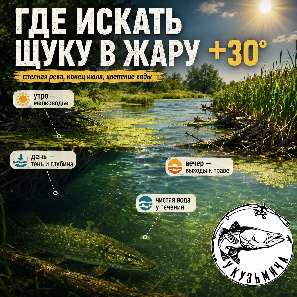 Где искать щуку в жару +30°, когда река цветёт 🎣☀️