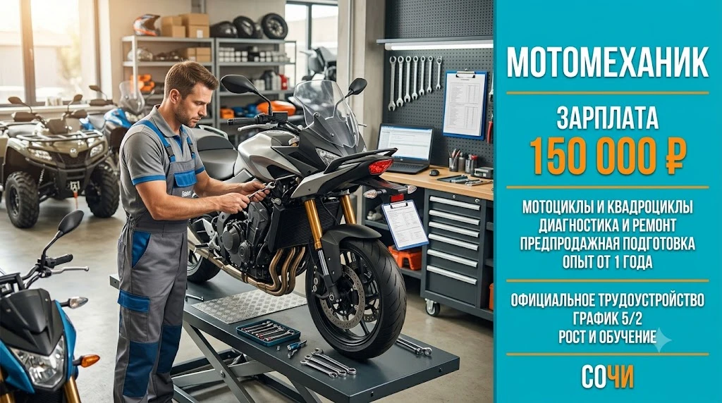 🏍 Мотомеханик — Сочи

Зарплата: 150 000 ₽
График: 5/2
Трудоустройство: официальное

Требуется мотом