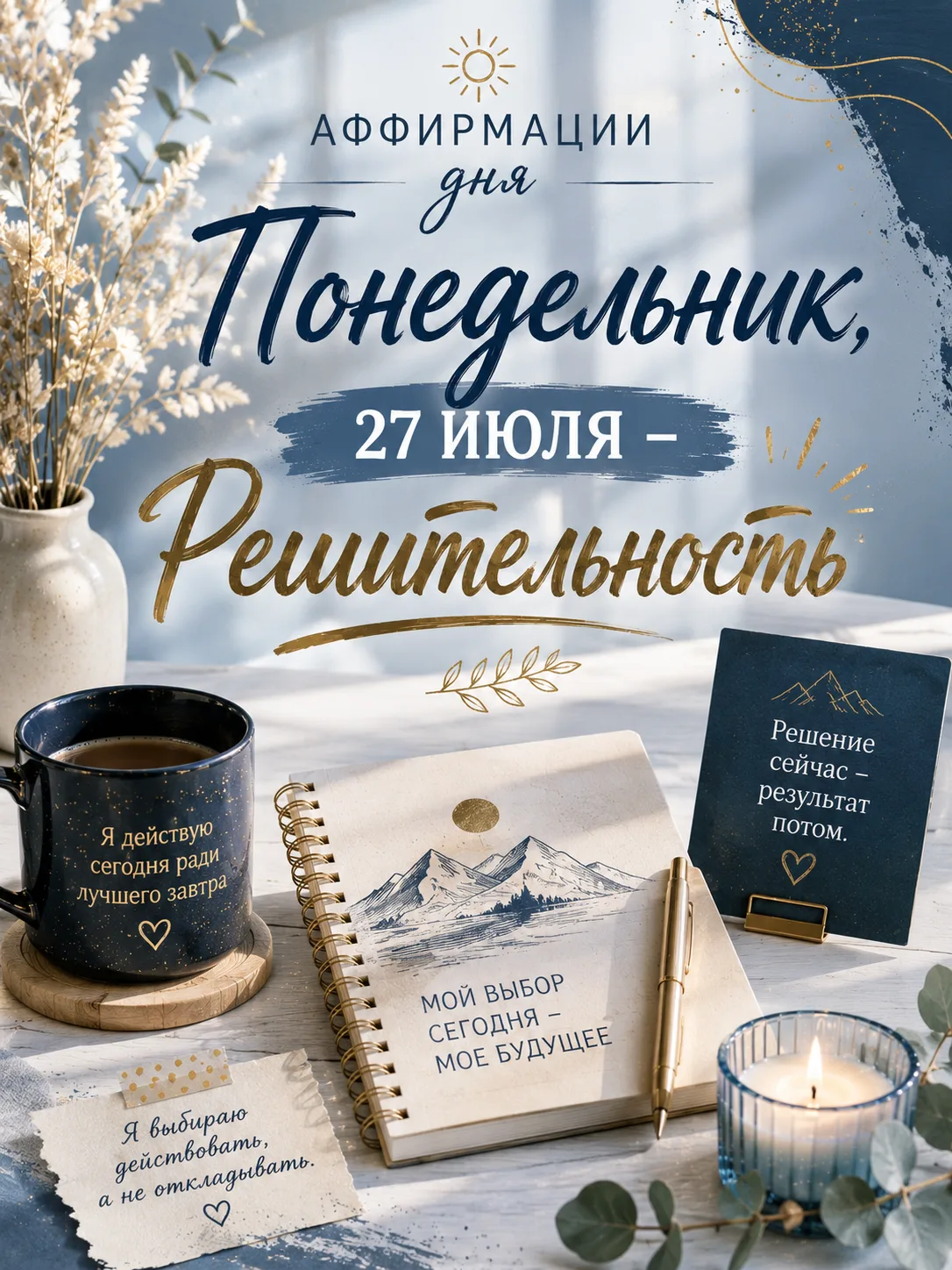 🔥 Аффирмации дня

🌿 Понедельник, 27 июля — Решительность

Я уверенно принимаю решения 💪

Я смело 