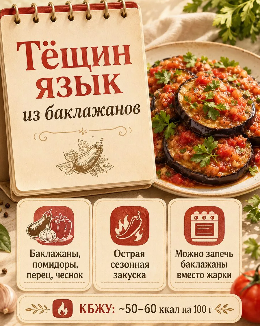 «ТЁЩИН ЯЗЫК» ИЗ БАКЛАЖАНОВ — ОСТРАЯ ЗАКУСКА БЕЗ ЛИШНЕГО МАСЛА