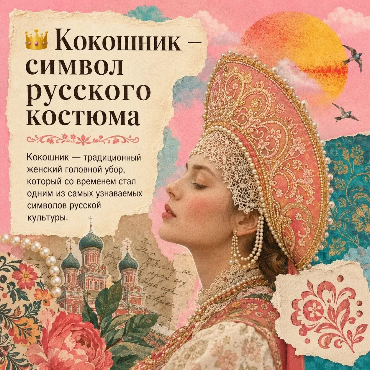 ✨ Один из самых узнаваемых символов русской культуры — кокошник.

Этот нарядный головной убор прошёл