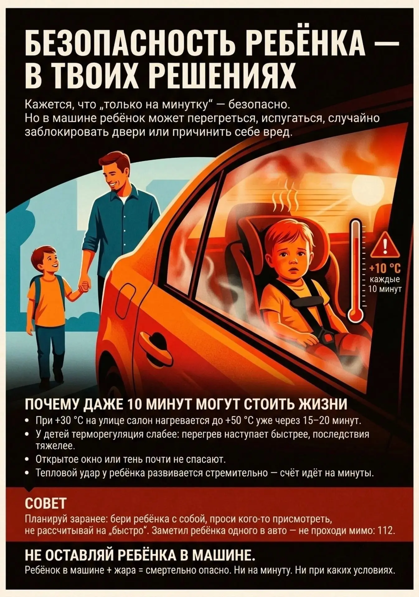 Не оставляйте ребёнка в машине даже на минуту! 🚗☀️

Уважаемые родители!

В тёплое время года салон 