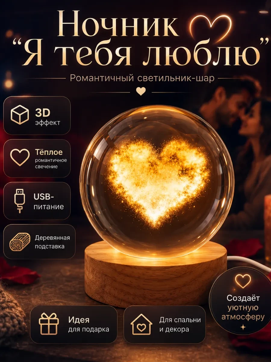 ⚡️ Ночник светодиодный Шар Сердце USB, LunaGlow Aura