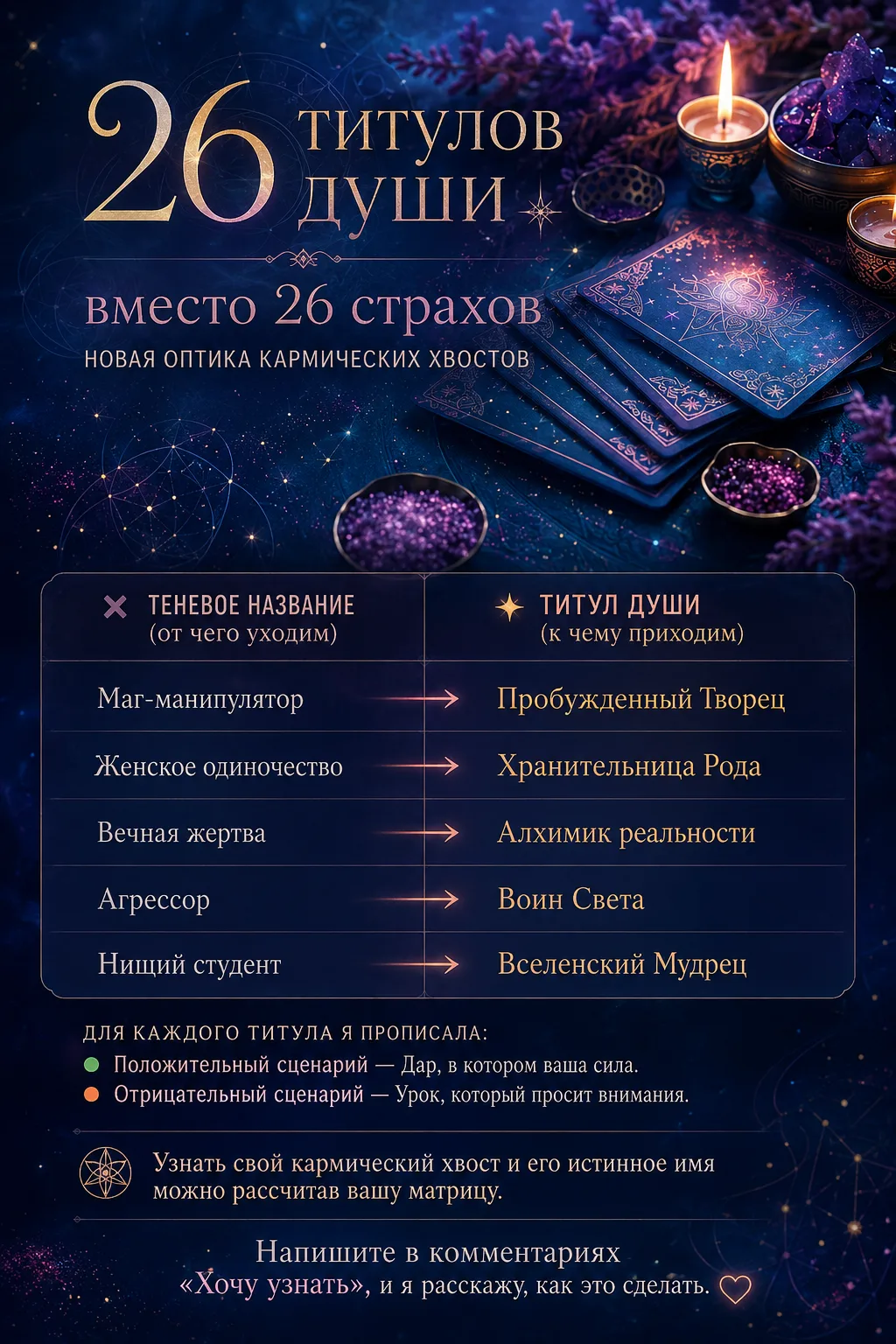 26 титулов души вместо 26 страхов. Новая оптика кармических хвостов. 
 

В классических трактовках к