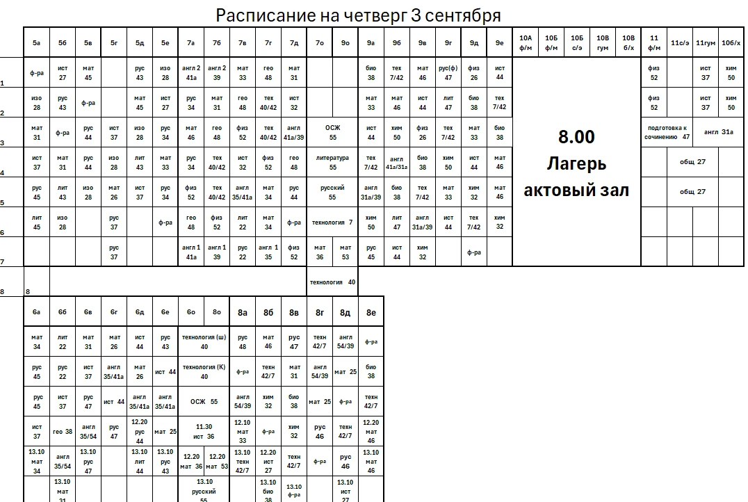 Расписание на 3 сентября