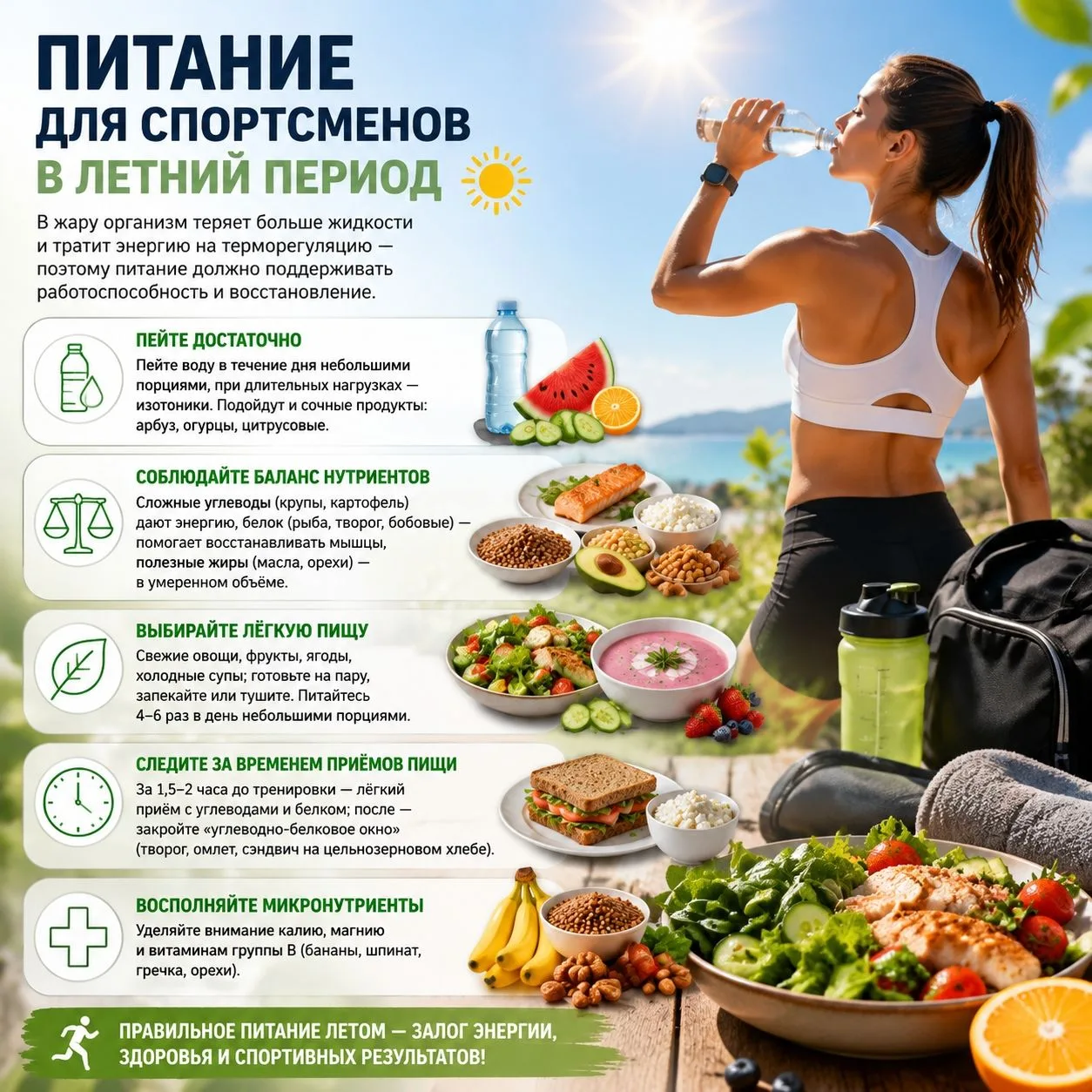Питание для спортсменов в летний период☀️

В жару организм теряет больше жидкости и тратит энергию н