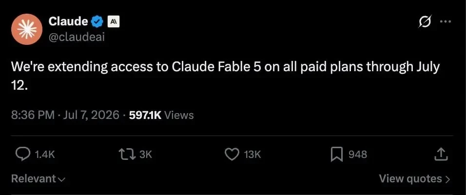 🔥 Fable 5 будет доступен по подписке до 12 июля — Anthropic щедро накинули аж 5 дней и...