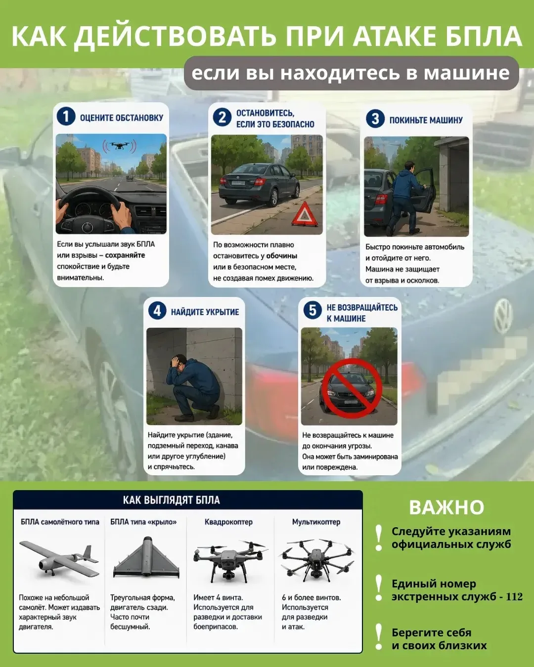 ‼️ Уважаемые жители!  При возникновении угрозы связанной с БПЛА напоминаю вам правила безопасности: 