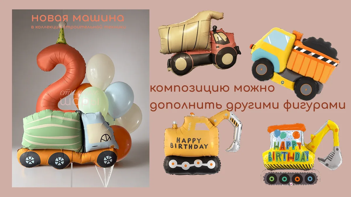 Тематический набор воздушных шаров для маленького строителя. Фольгированная машина — бетономешалка, 
