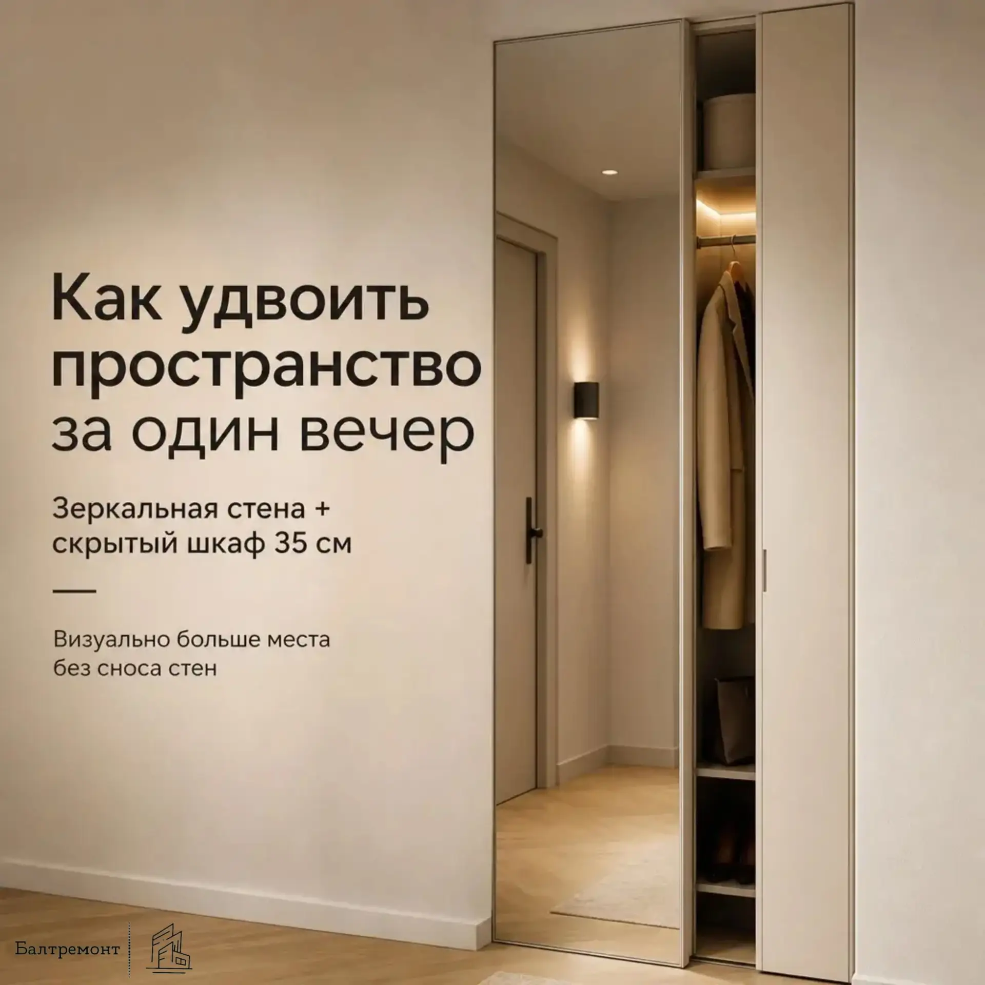 Прихожая 2 м² — это не приговор. Решение: зеркальная стена + шкаф-купе глубиной 35 см в...
