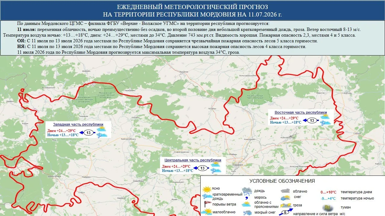 ☁️⛅⛈️ 11 июля в Мордовии переменная облачность, ночью преимущественно без осадков, во в...