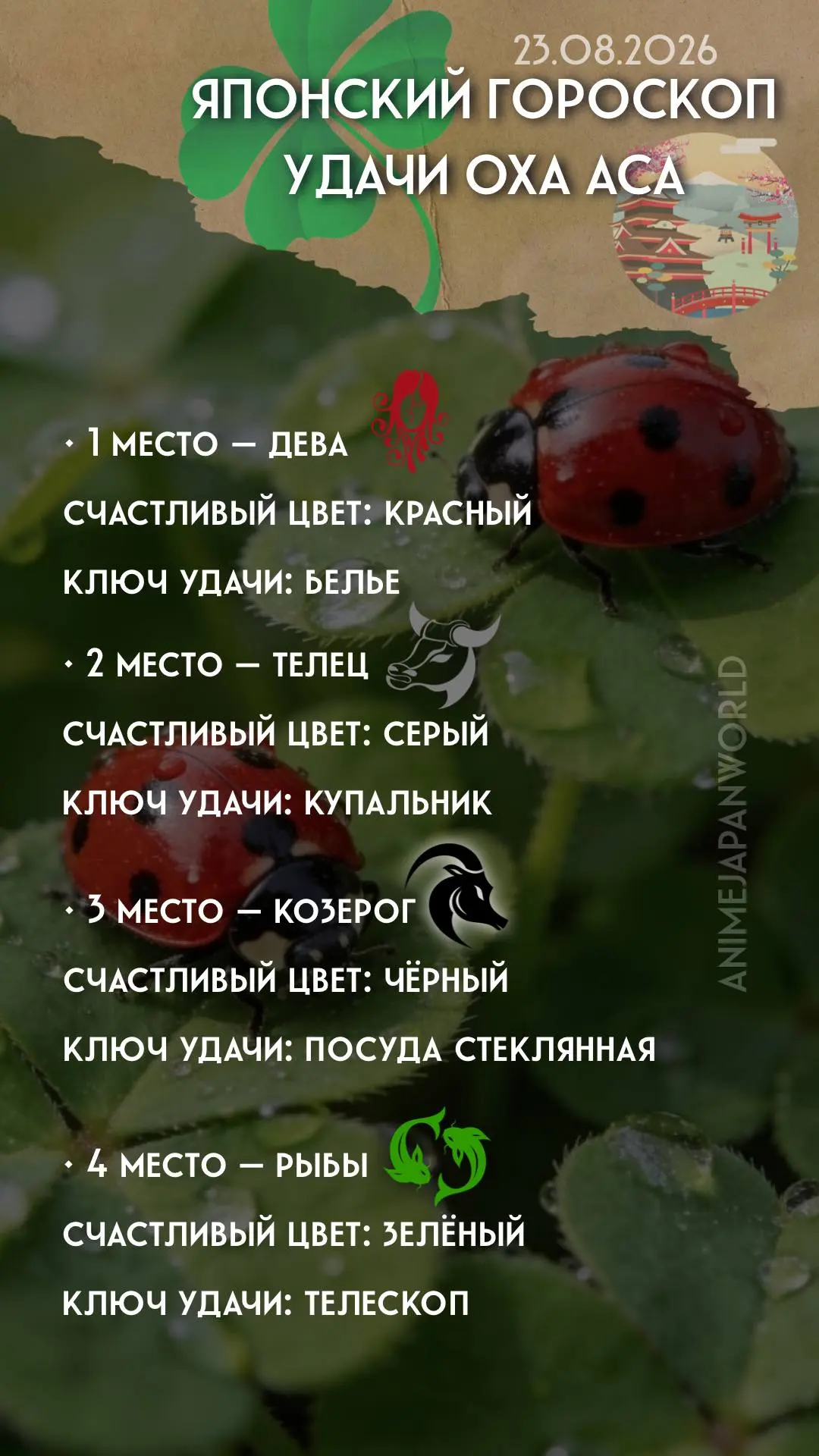 • Японский гороскоп удачи  на сегодня (23.08.2026) 🏯 Всем отличного дня!