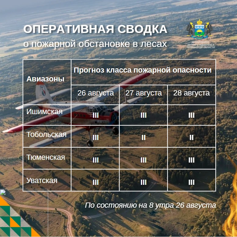 🔥 По данным региональной диспетчерской службы, на утро 26 августа в Тюменской области ...