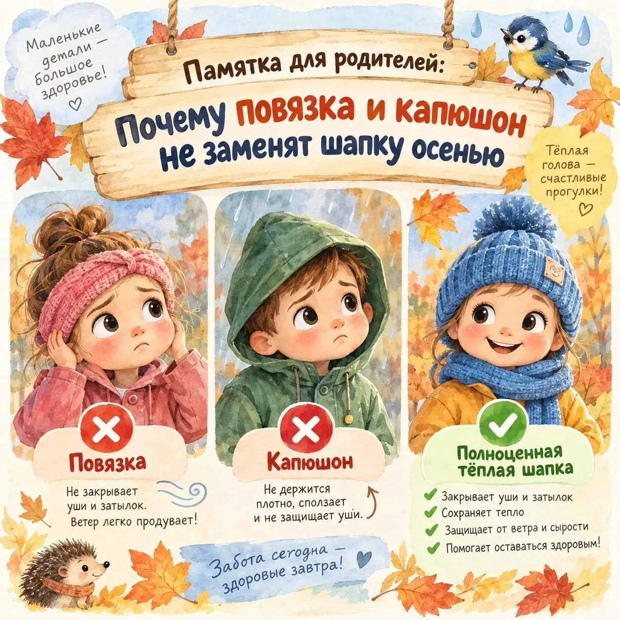 🍂 Памятка для родителей: почему повязка и капюшон не заменят шапку осенью