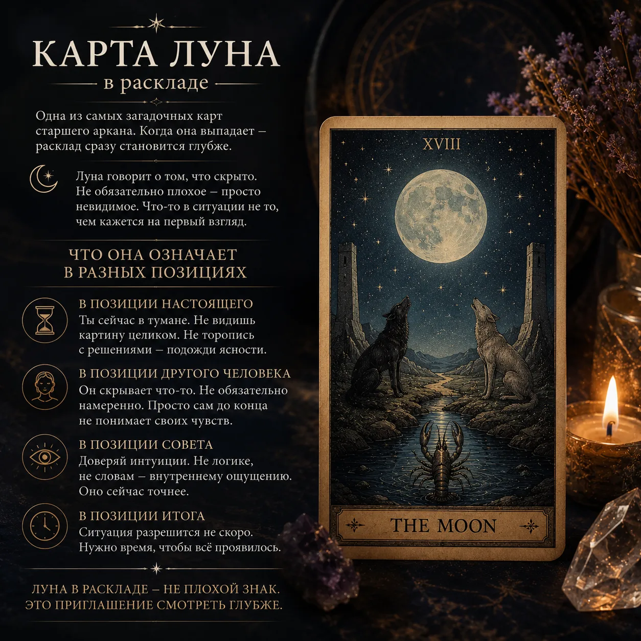 🌙 Карта Луна в раскладе

Одна из самых загадочных карт старшего аркана. Когда она выпадает — раскла
