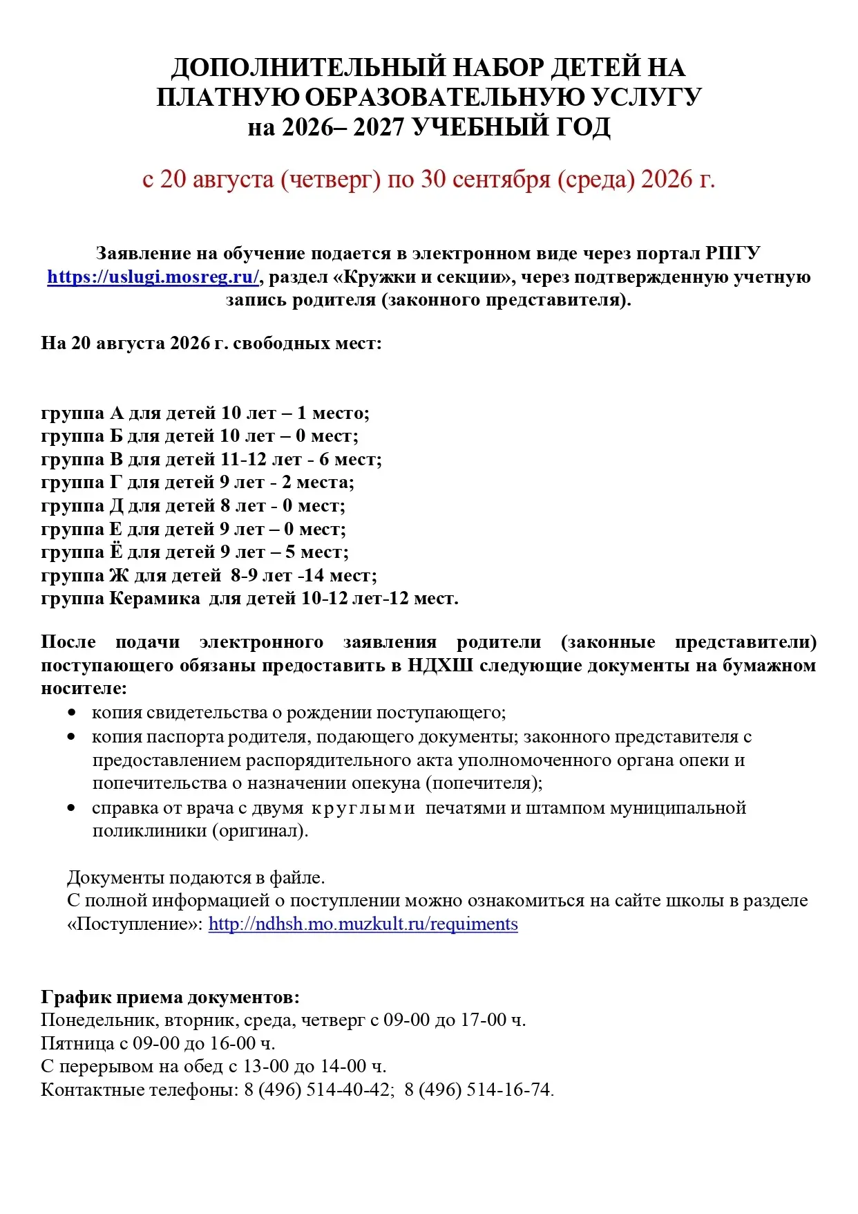 ДОПОЛНИТЕЛЬНЫЙ НАБОР ДЕТЕЙ